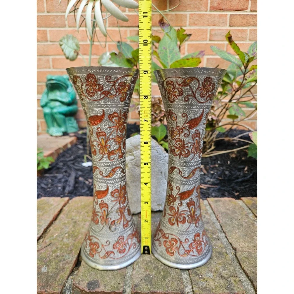Vtg Pair of Silver-Tone Brass Trumpet Vases with Orange Floral Etchings, 9